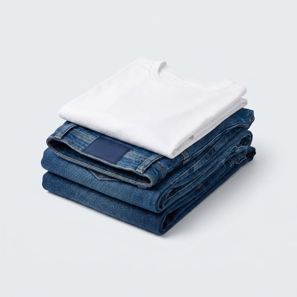 Stack of folded indigo denim jeans and a folded white t-shirt