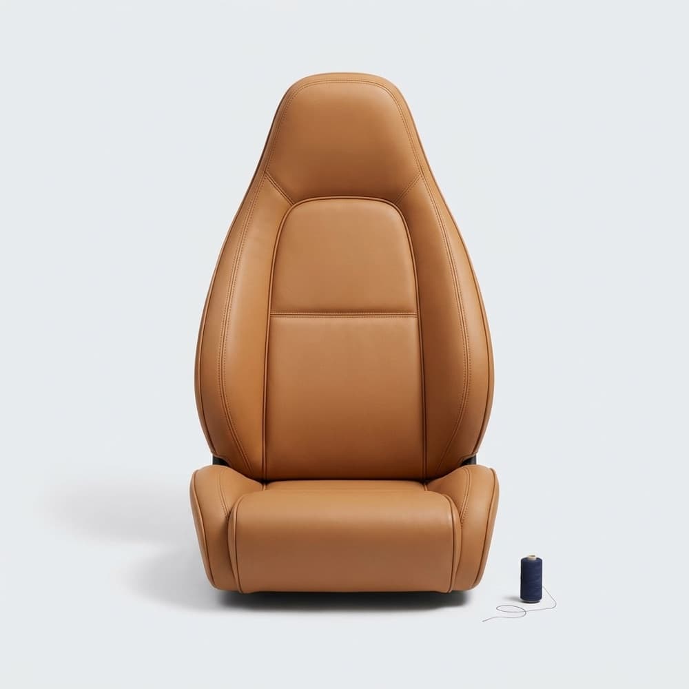 Tan leather automotive seat upholstery with stitched piping