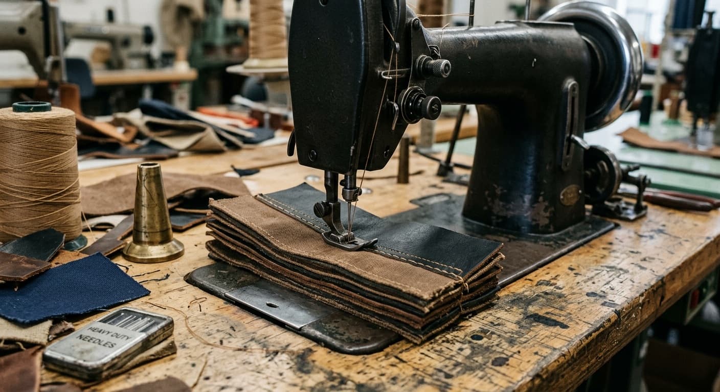 Heavy-duty industrial sewing machine sewing through a six-layer stack of canvas and leather, heavy bonded thread visible