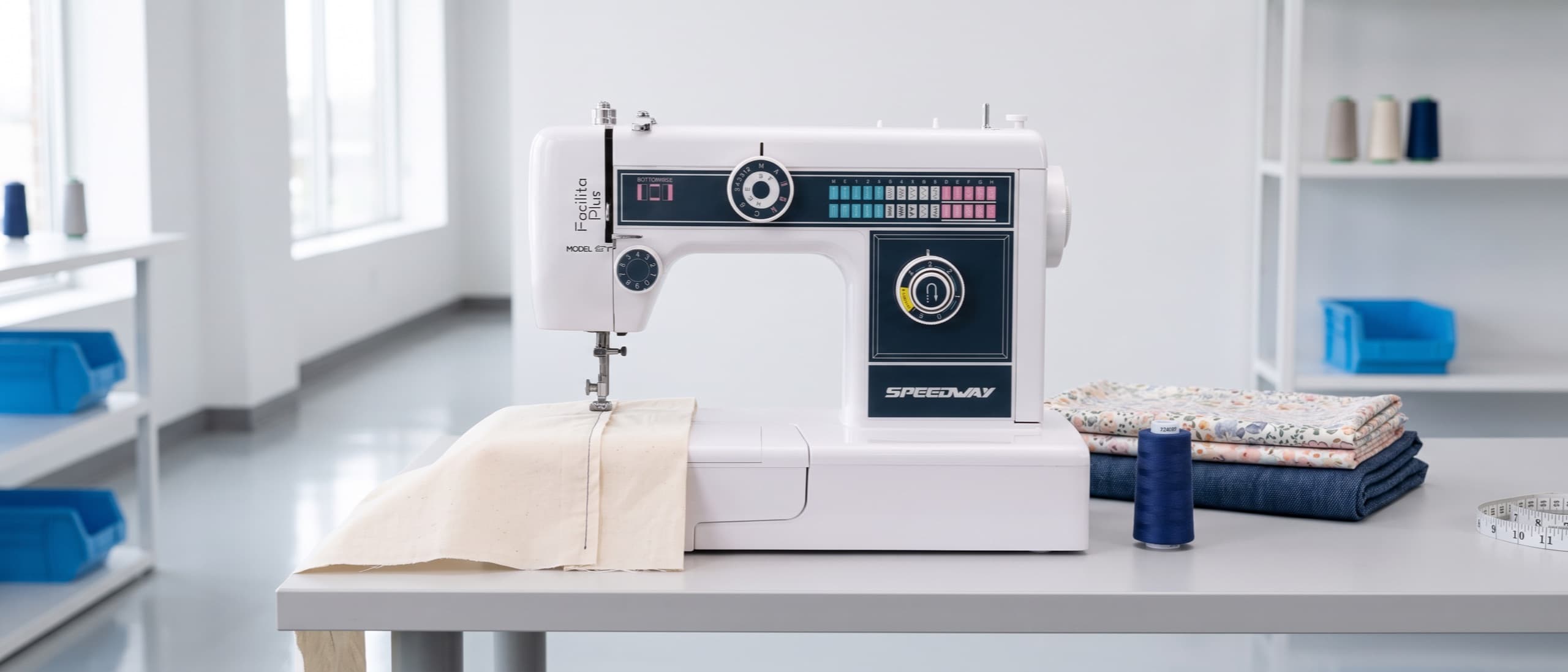 SPEEDWAY 811 Facilita Plus household sewing machine sewing a straight seam on light cotton, folded fabric and a navy thread spool beside it
