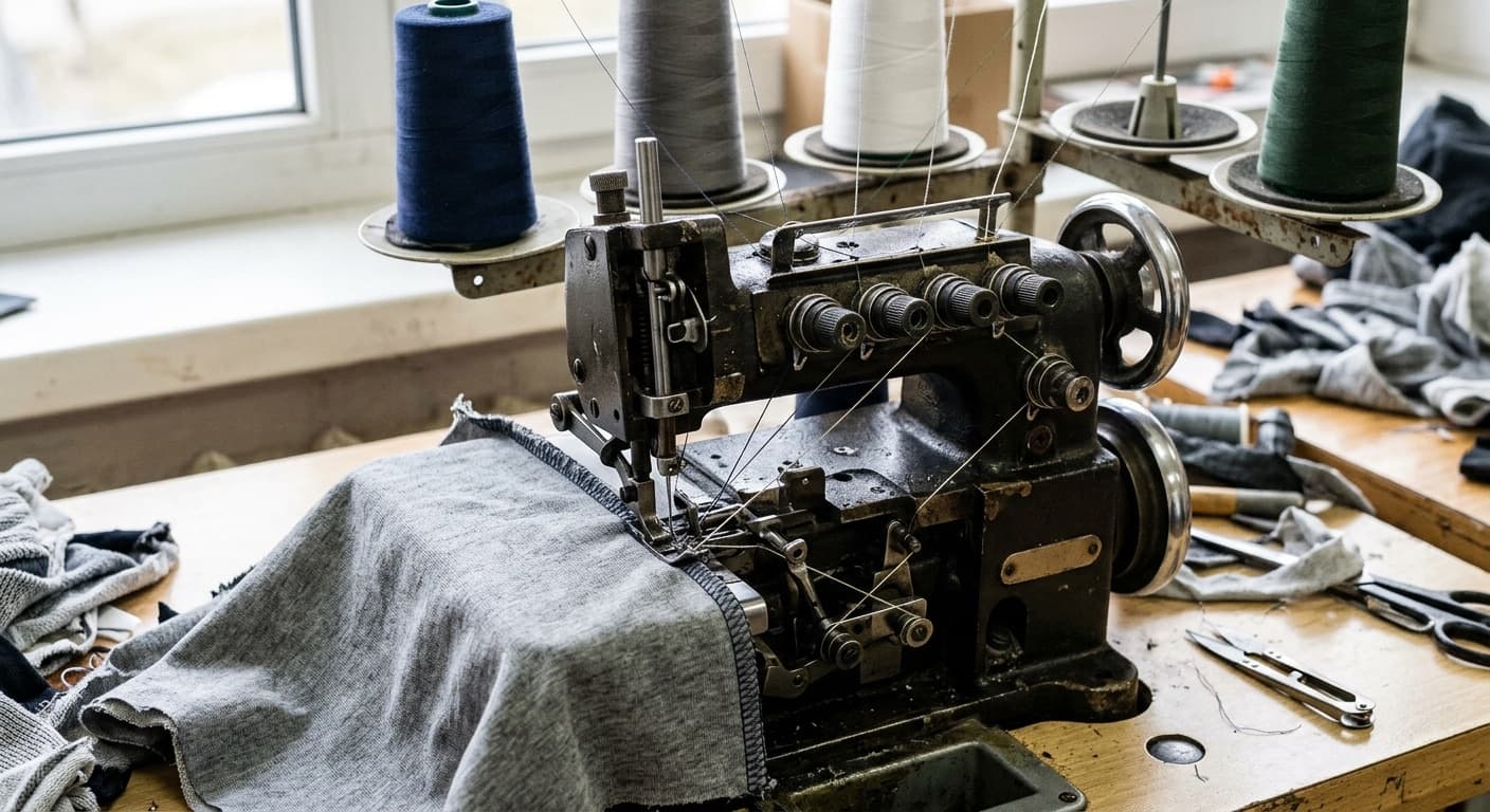 Industrial overlock sewing machine with the cover plate open, four threads converging at a knit-jersey rolled hem