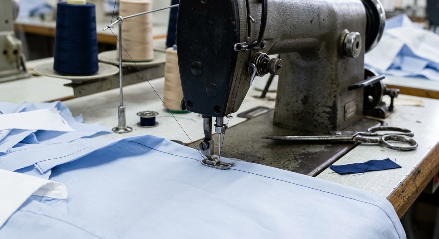 Industrial single-needle lockstitch sewing machine sewing a fine cotton dress shirt seam at production speed