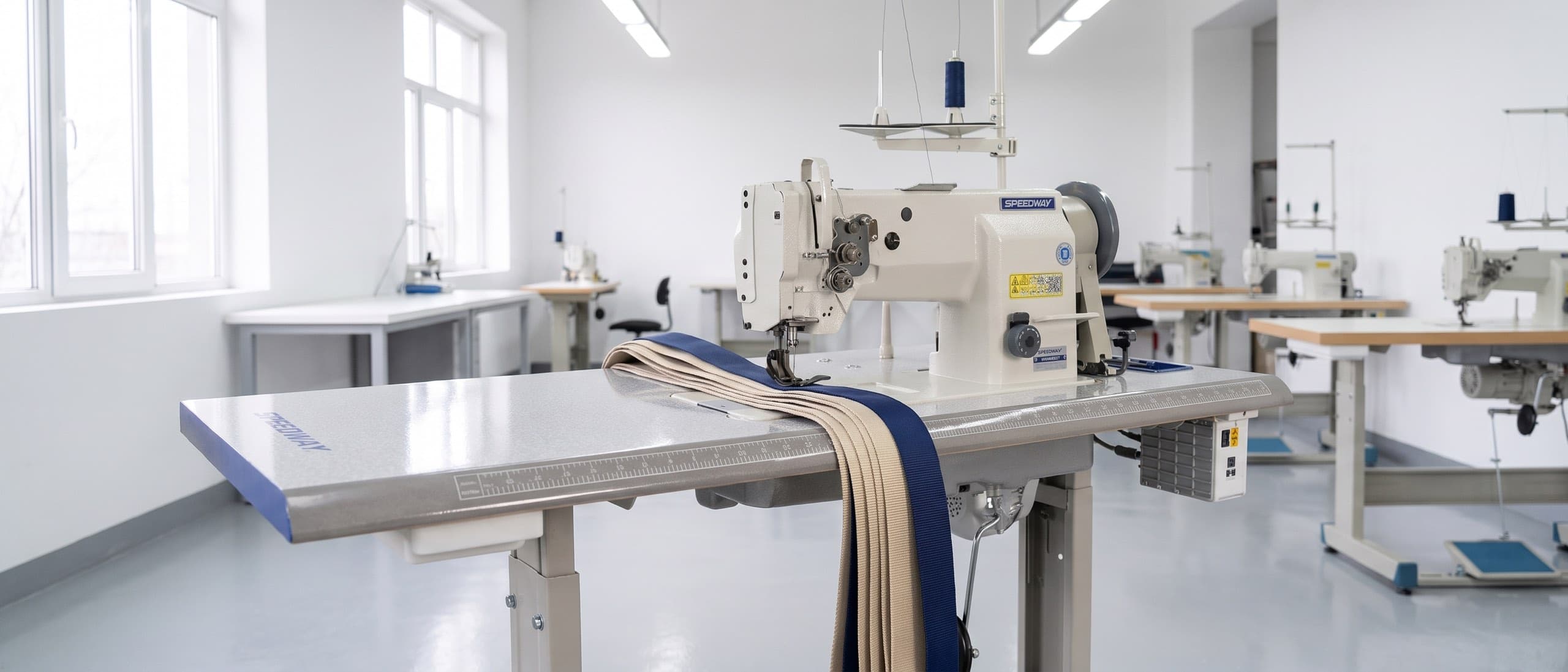 SPEEDWAY SW-4400N walking-foot industrial sewing machine on its Speedway table sewing layered polyester webbing straps