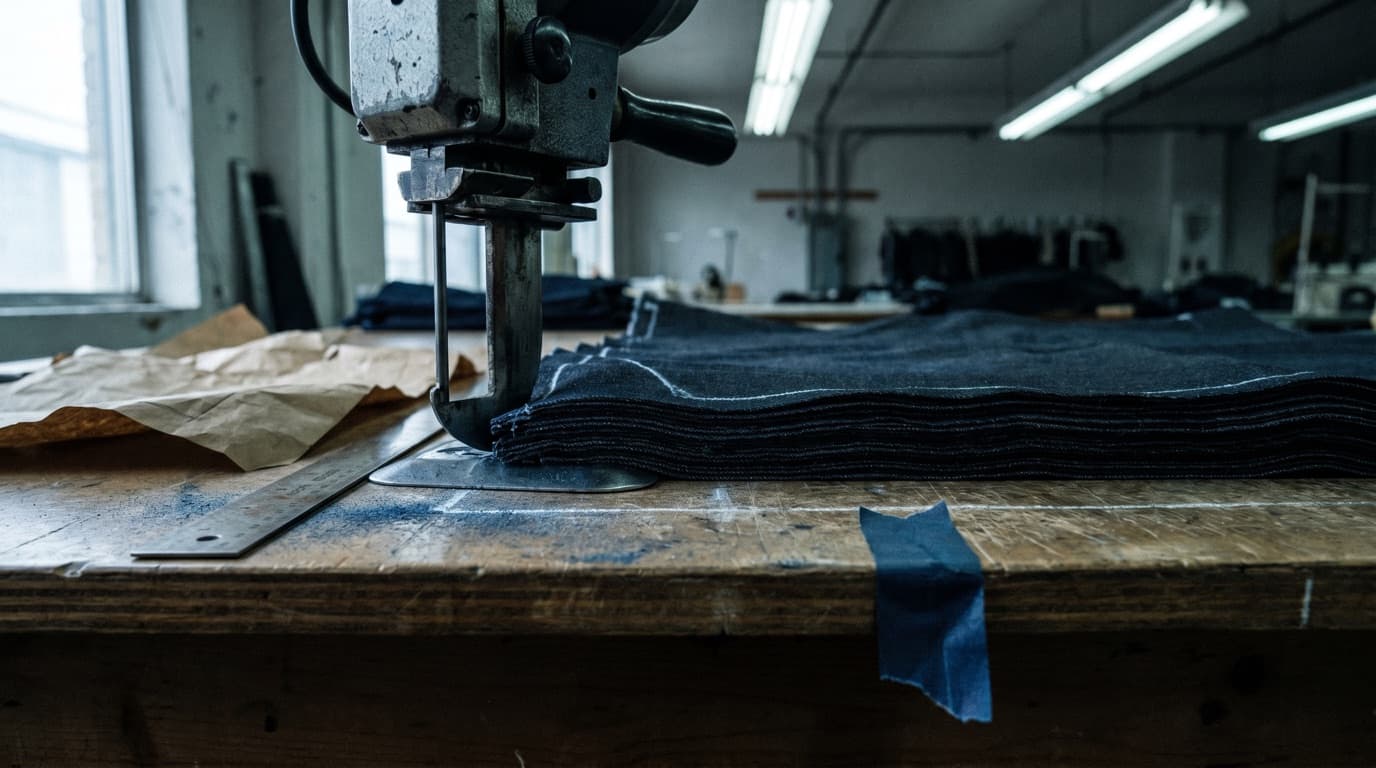 SPEEDWAY straight-blade cutting machine working through a stacked lay of denim on a cutting-room table