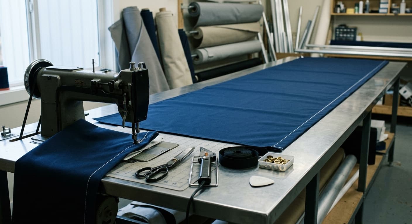 Marine canvas fabrication workshop — navy Sunbrella canvas mid-seam on a long-arm walking-foot industrial sewing machine