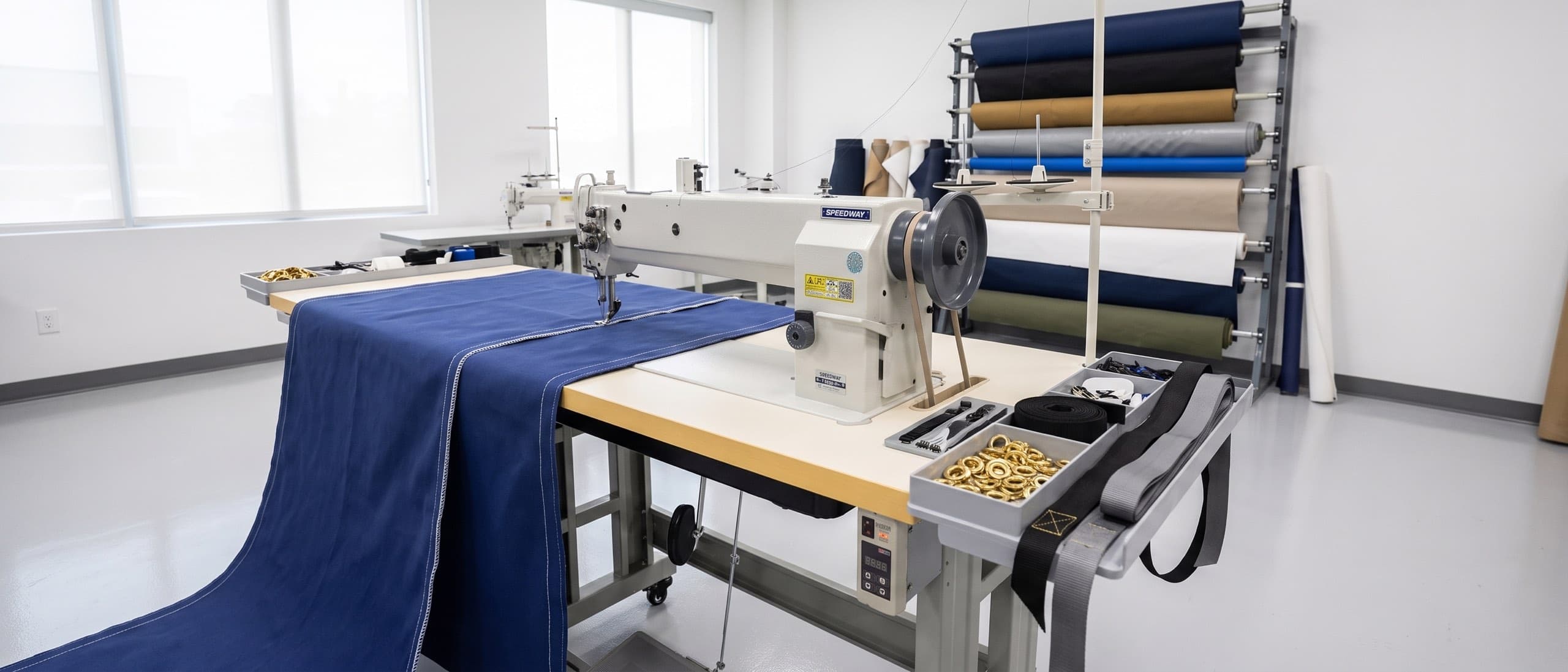 SPEEDWAY SW-4420-L25 long-arm double-needle machine sewing navy marine-grade canvas across its Speedway long table