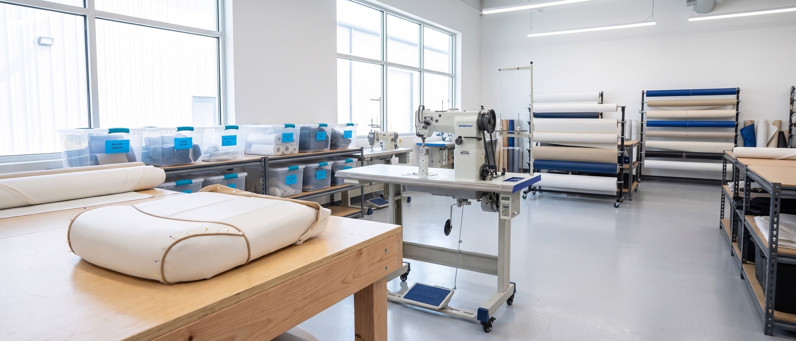 Modern marine upholstery studio — SPEEDWAY SW-82440 post-bed walking-foot machine on its Speedway table, boat-seat cushion mid-construction on the workbench
